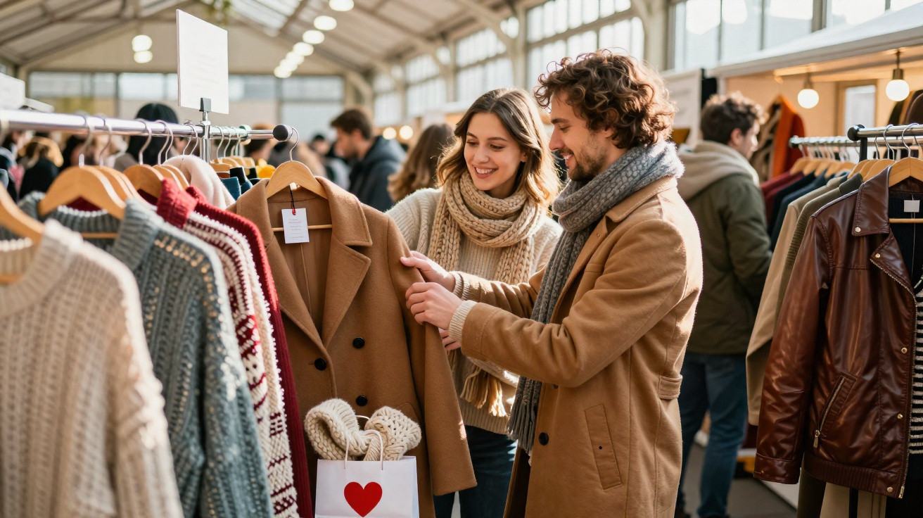 Casal a escolher casaco castanho em feira de roupa com ambiente interior e mais clientes ao fundo.