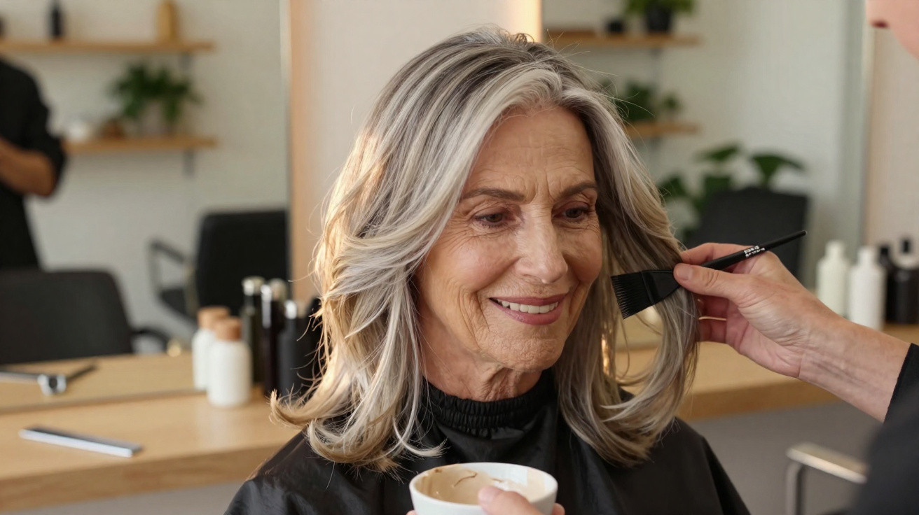 Mulher idosa a sorrir a beber café enquanto recebe tratamento capilar num salão de beleza moderno.