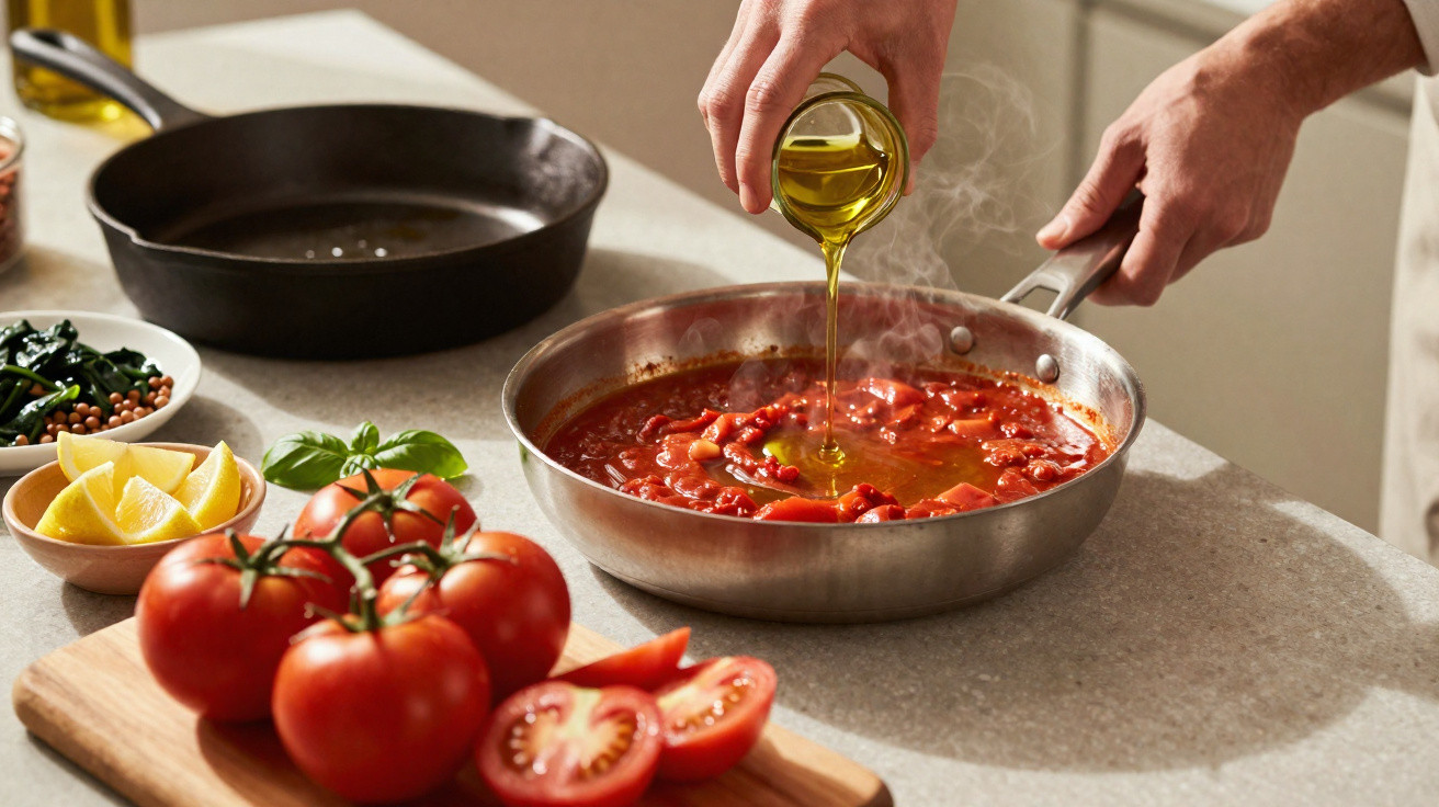 Mãos a verter azeite numa frigideira com molho de tomate fresco, com tomates e ingredientes no balcão.