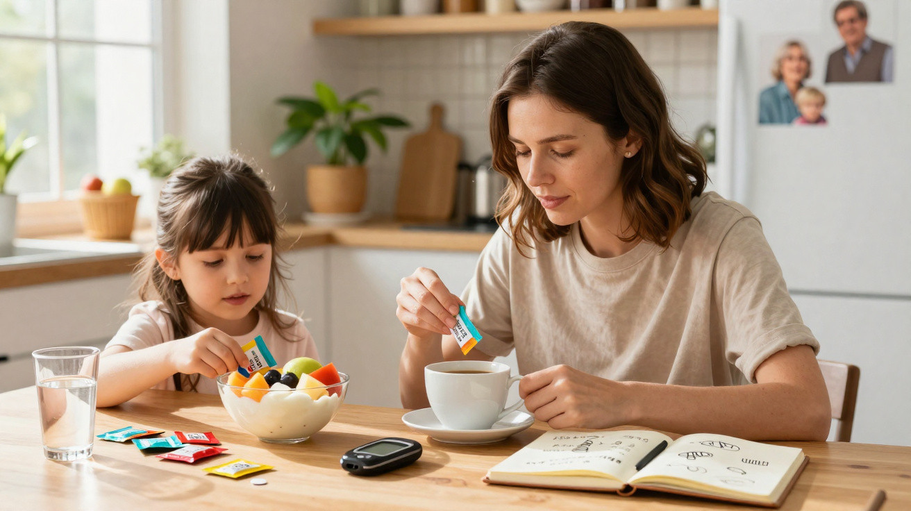 Mãe e filha numa cozinha, a adicionar adoçante em chá e fruta, com medidor de glicose e livro aberto na mesa.