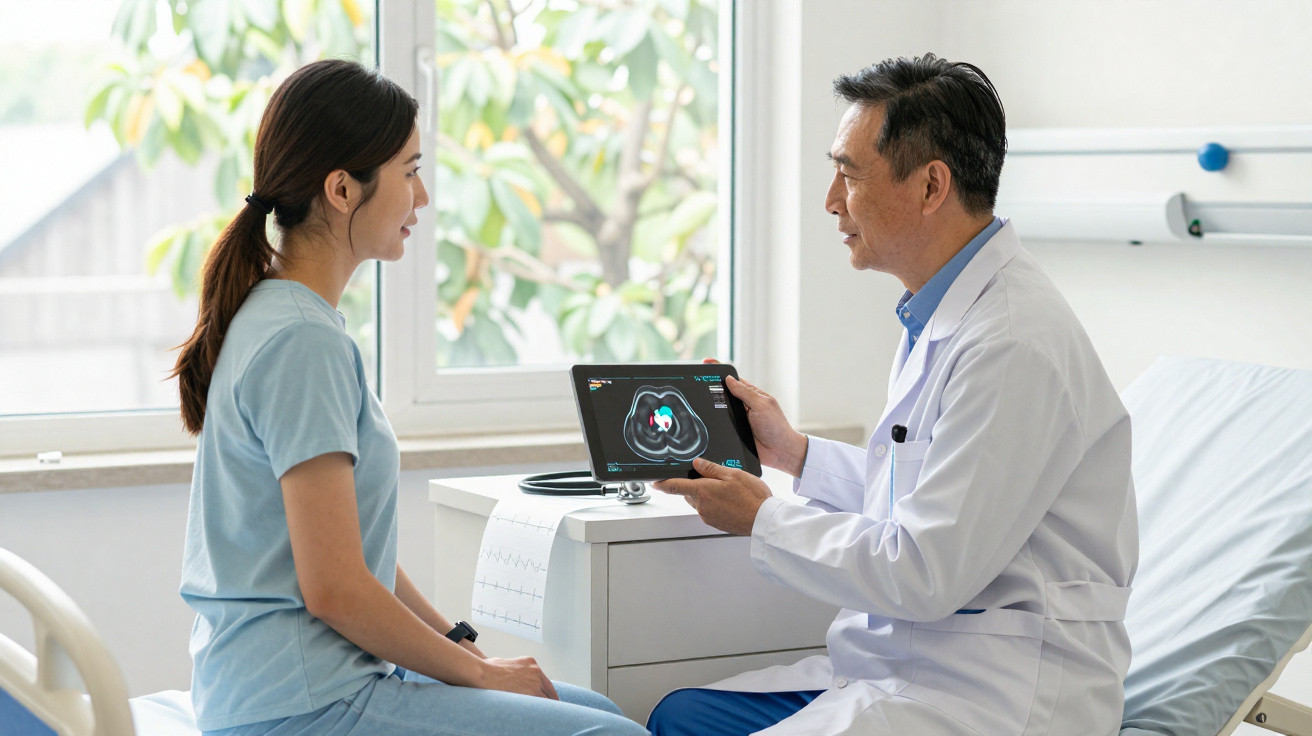 Médico a mostrar uma imagem médica num tablet a uma paciente numa consulta num consultório luminoso.