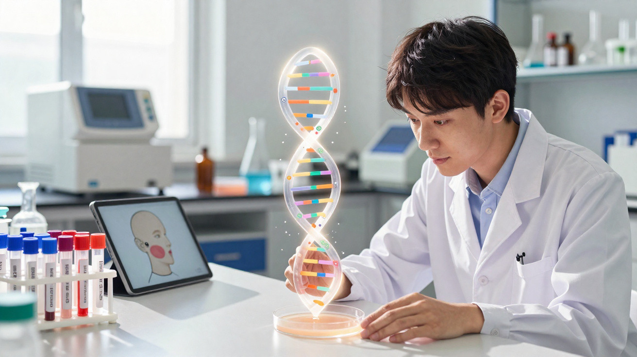 Cientista em laboratório analisa modelo digital de estrutura de DNA luminoso sobre bancada com tubos de ensaio.