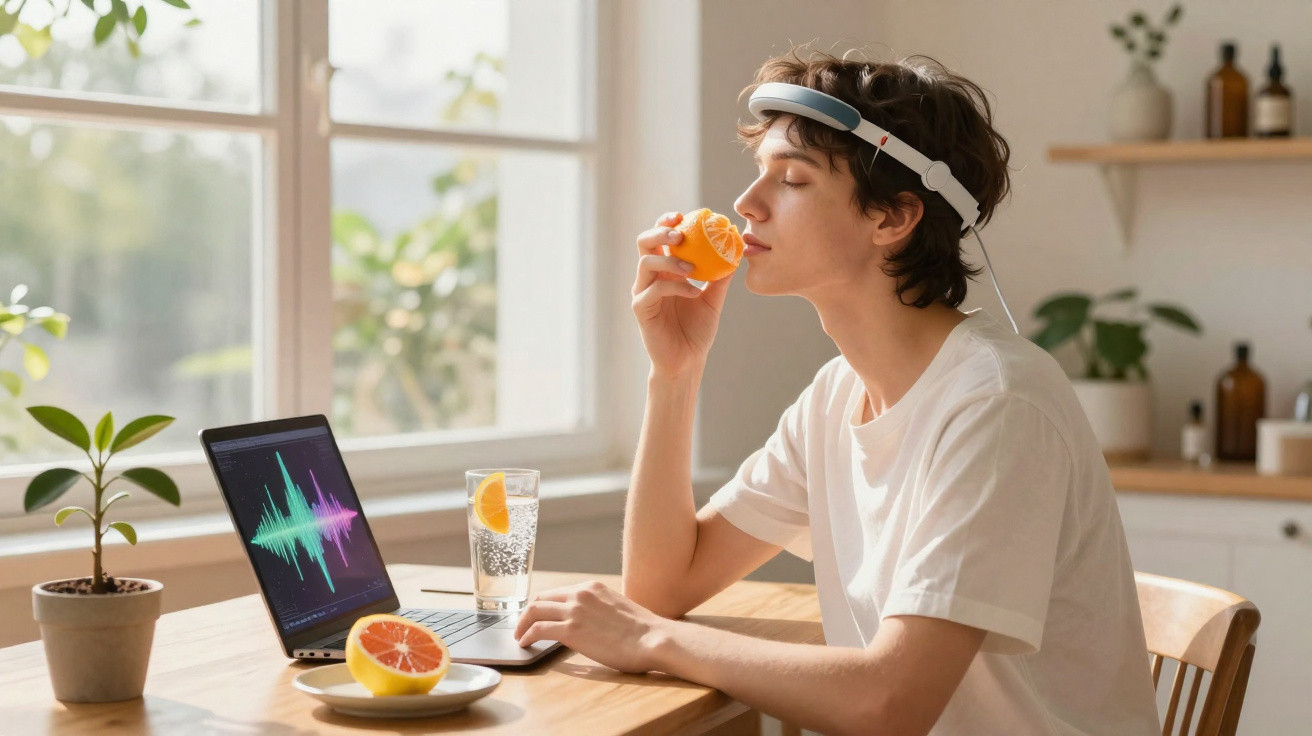 Jovem com auscultadores em ambiente doméstico a cheirar uma laranja, com computador e copo de água na mesa.