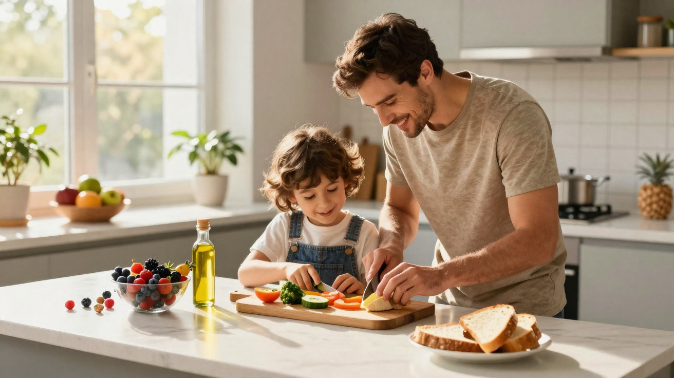 Pai e filho a cortar legumes juntos numa cozinha moderna e iluminada.