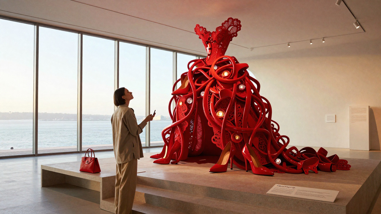 Mulher observa escultura vermelha artística em espaço de museu com janelas para o mar ao fundo.