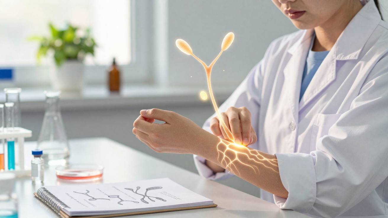 Cientista em laboratório com ilustração digital de sistema nervoso no braço e caderno de anotações.