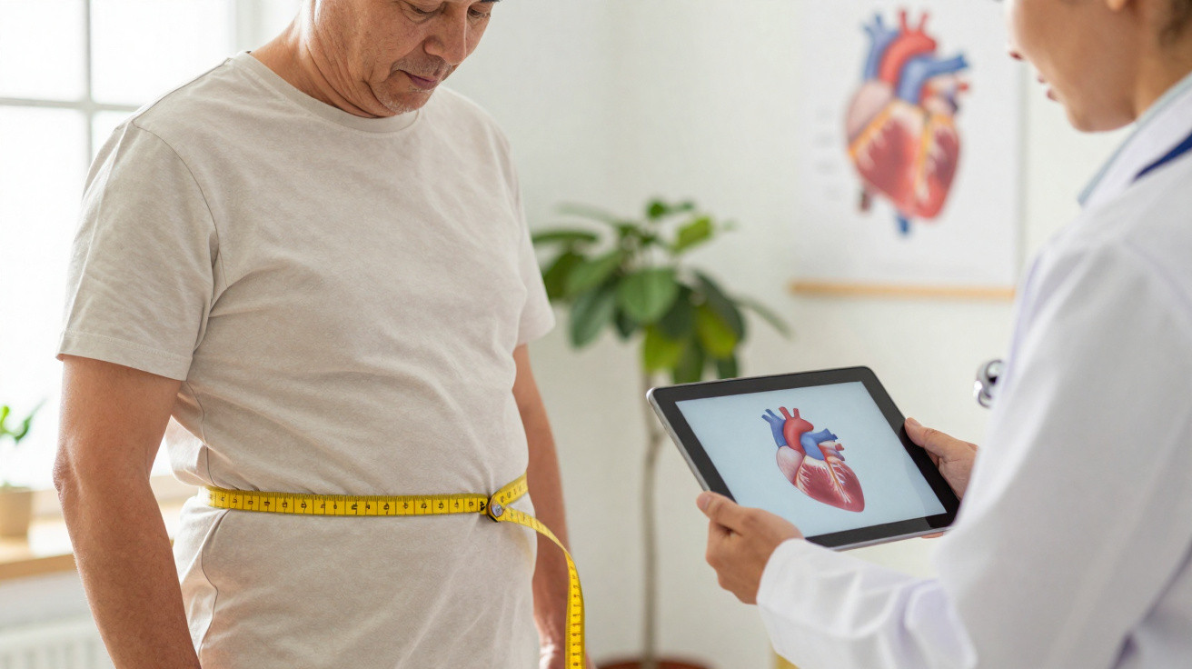 Homem com fita métrica na cintura e profissional de saúde com tablet que mostra imagem do coração.