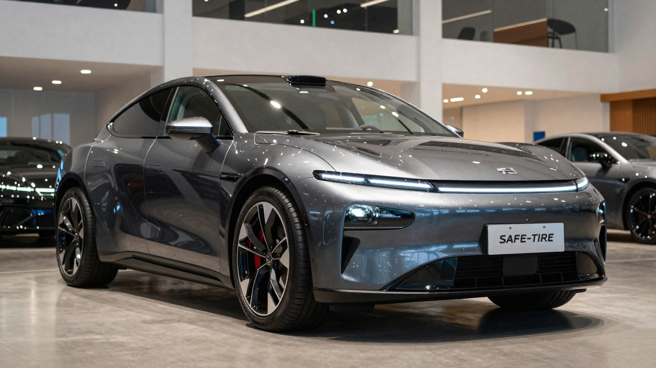 Carro desportivo cinzento metálico estacionado numa exposição automóvel interior com luzes ligadas.