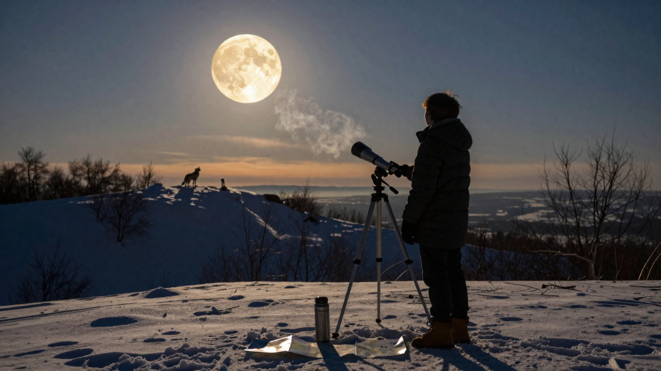 Pessoa observa a lua cheia com telescópio numa paisagem nevada ao entardecer.