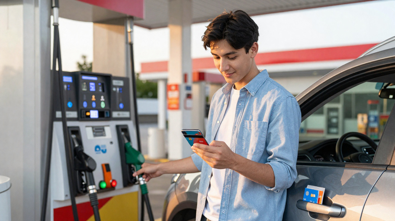 Homem jovem a abastecer gasolina no seu carro enquanto consulta o telemóvel numa bomba de combustível.