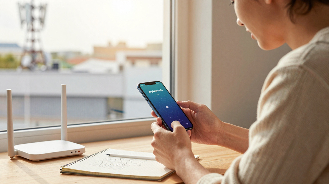 Pessoa sentada junto a uma janela a segurar um smartphone com modo avião ativo, próximo de router e caderno.