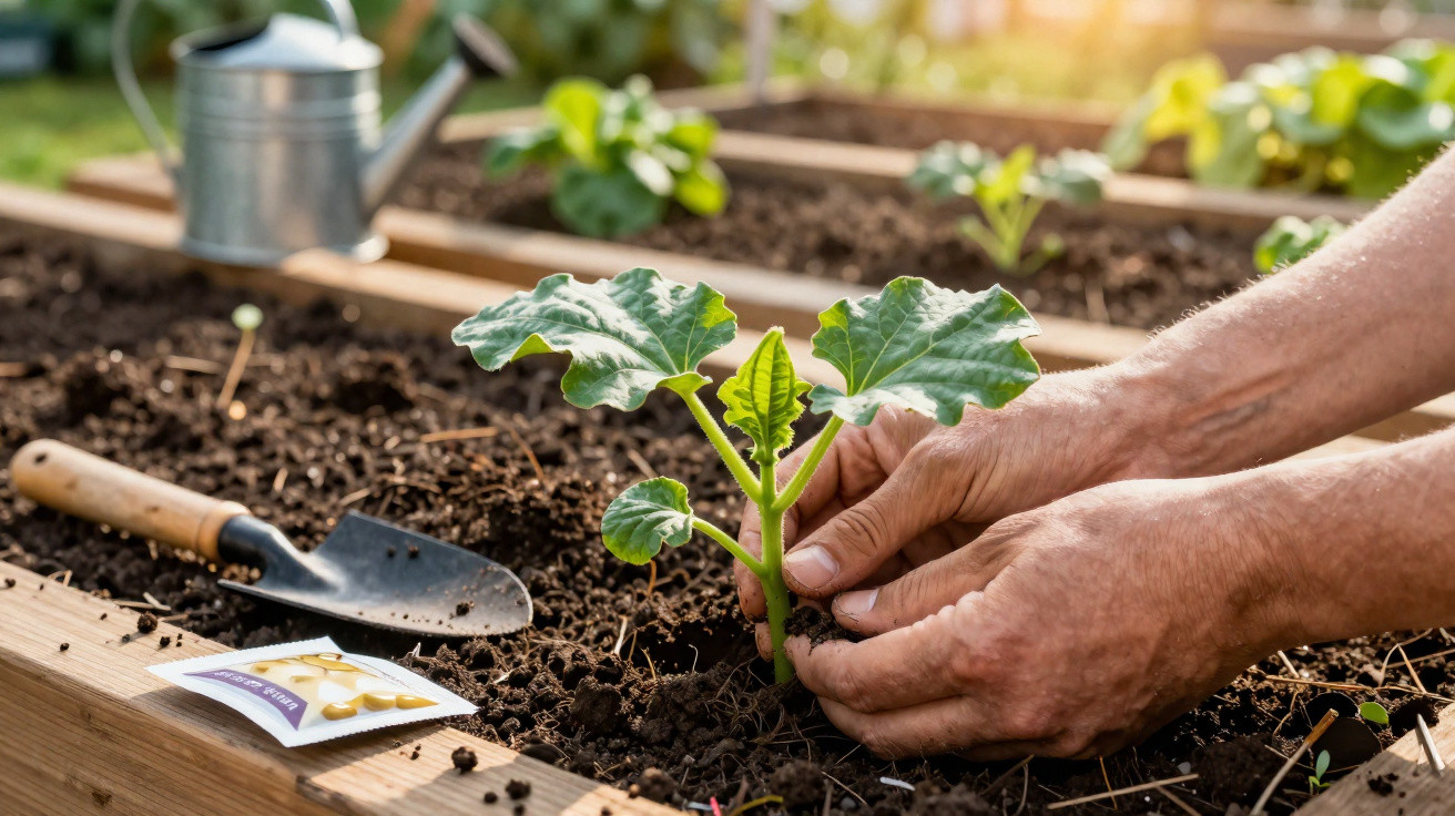 Mãos a plantar uma muda de planta em canteiro de madeira com terra onde há uma pá e um regador ao fundo.