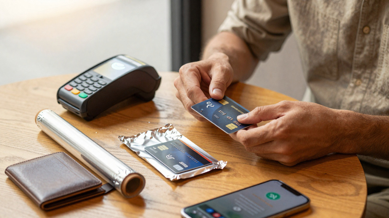 Pessoa desembrulha cartão de crédito junto a terminal de pagamento, carteira, película protetora e smartphone numa mesa.