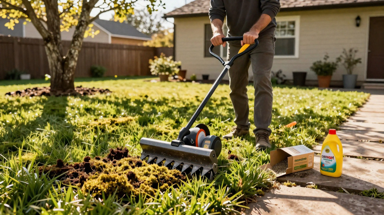 Pessoa a usar um arejador de relva numa jardim com ferramentas e fertilizante ao lado.