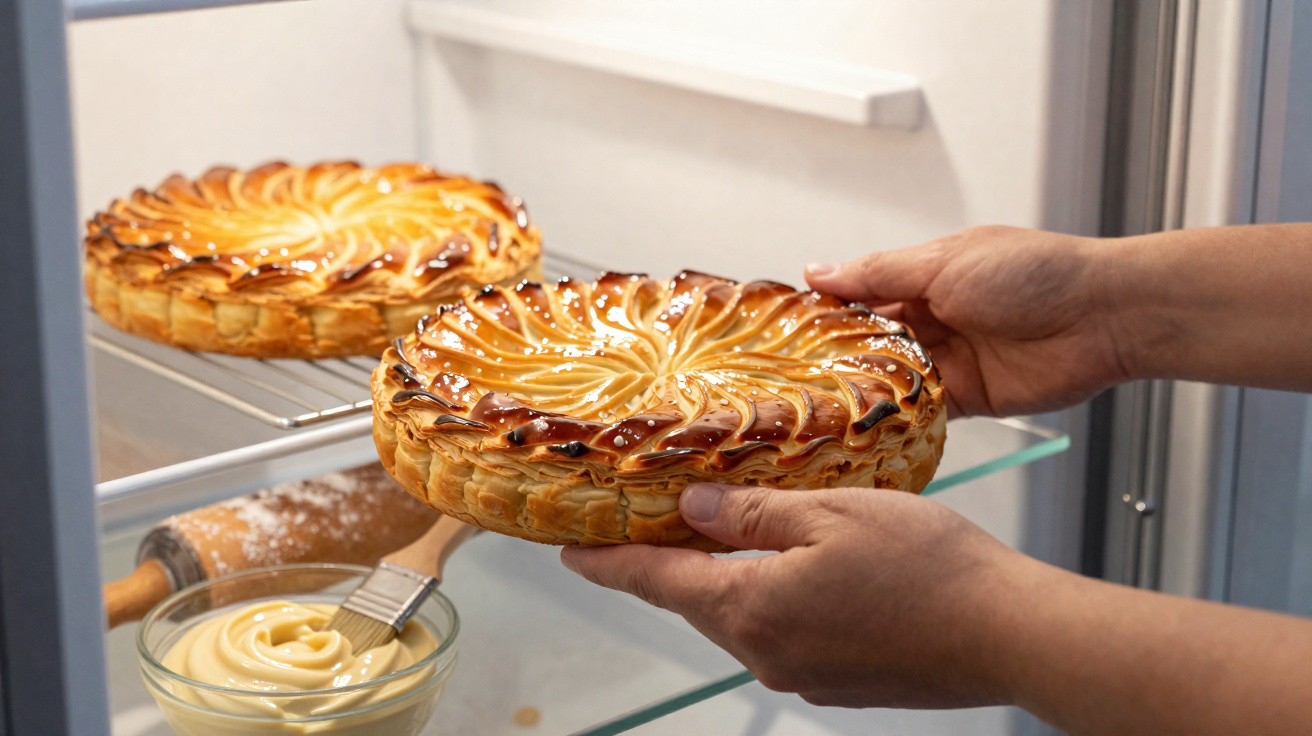 Mãos a colocar torta dourada numa prateleira do frigorífico, com pincel e creme à frente.