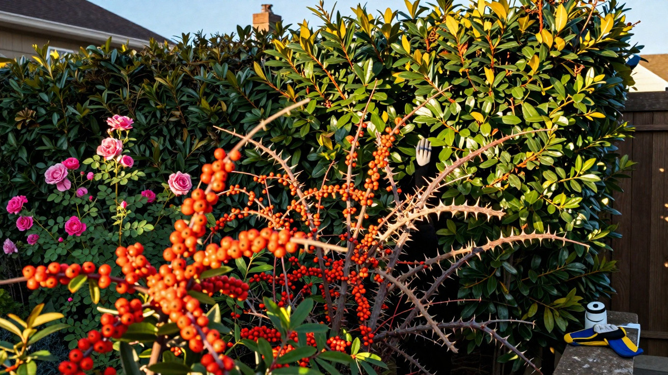 Jardim com arbustos verdes, flores cor-de-rosa e ramos com bagas laranja e vermelhas ao sol.