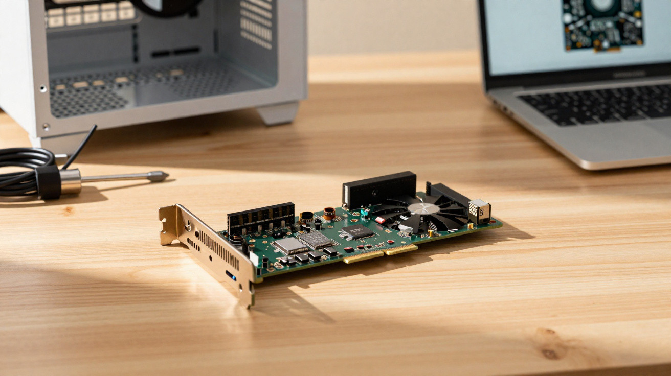 Placa de expansão para computador sobre mesa de madeira, ao lado de caixa aberta e portátil.