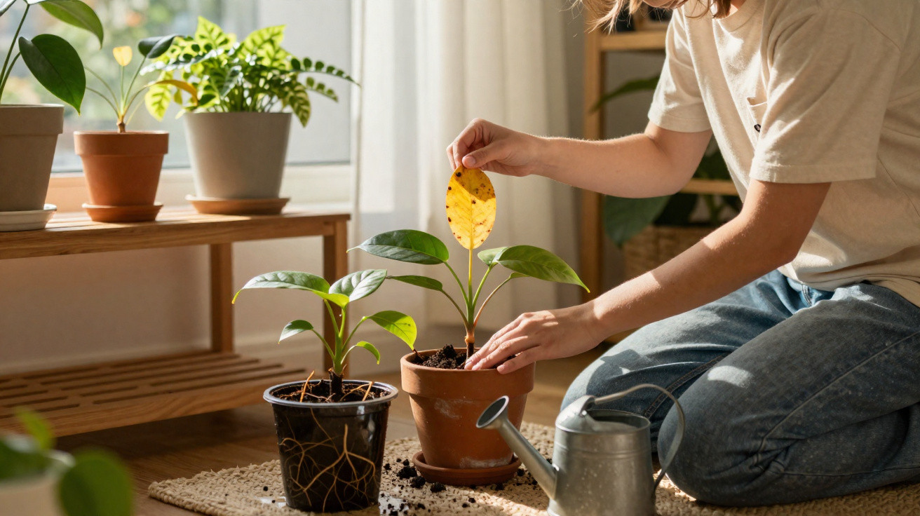 Pessoa a cuidar de plantas em vasos no chão, a remover folha seca, com regador ao lado.