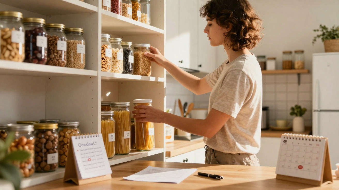 Mulher a organizar frascos com alimentos secos numa despensa moderna e bem iluminada.