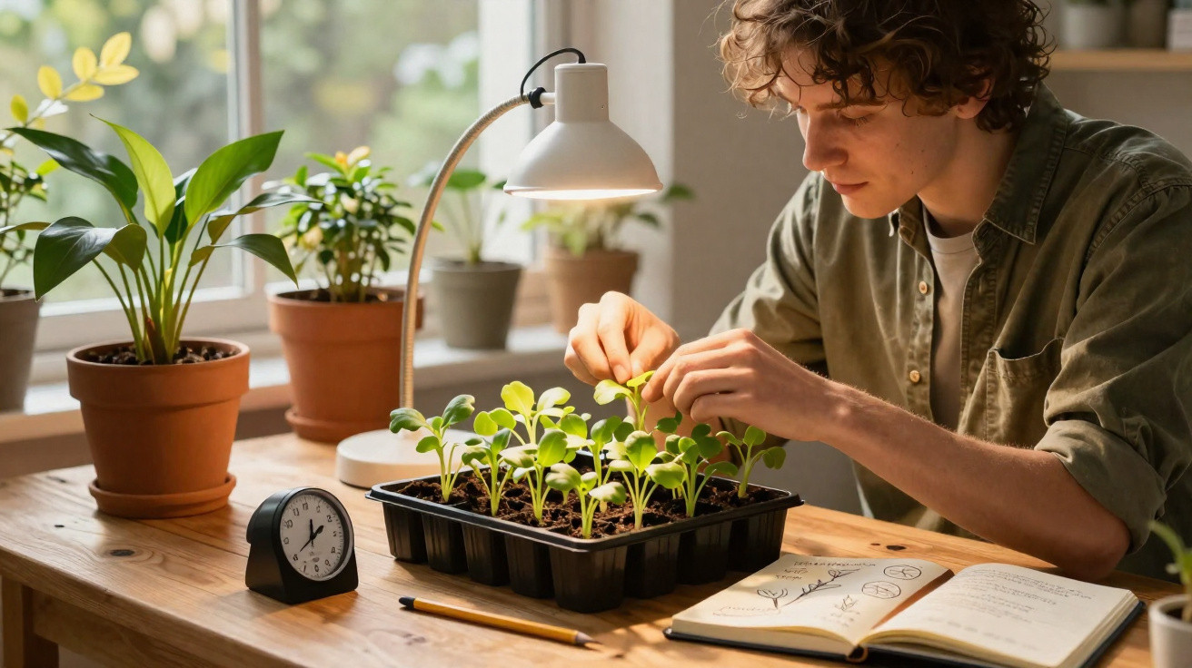 Jovem a cuidar de mudas num tabuleiro, numa mesa com plantas, caderno e relógio junto a uma janela iluminada.