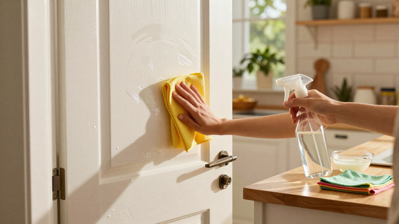 Pessoa a limpar a porta branca com um pano amarelo e pulverizador numa cozinha iluminada.