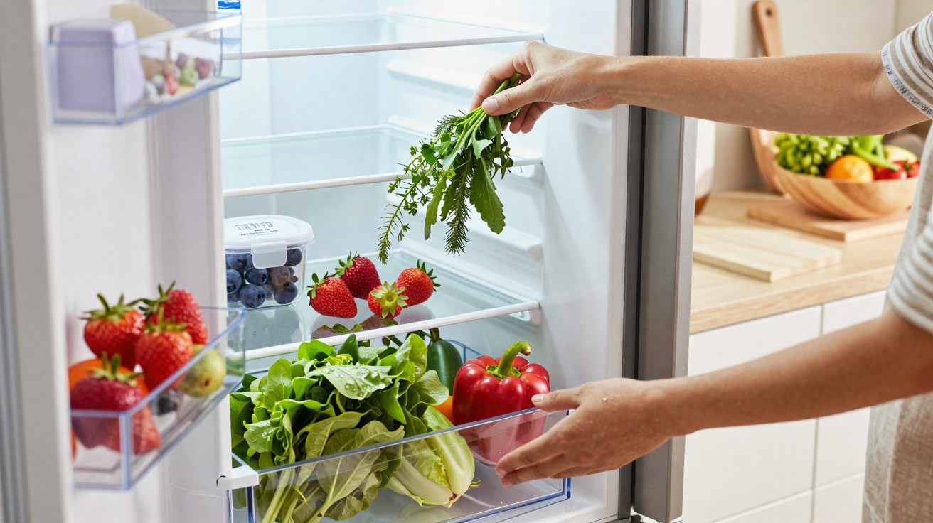 Pessoa a guardar legumes e frutas frescas numa gaveta do frigorífico numa cozinha moderna.