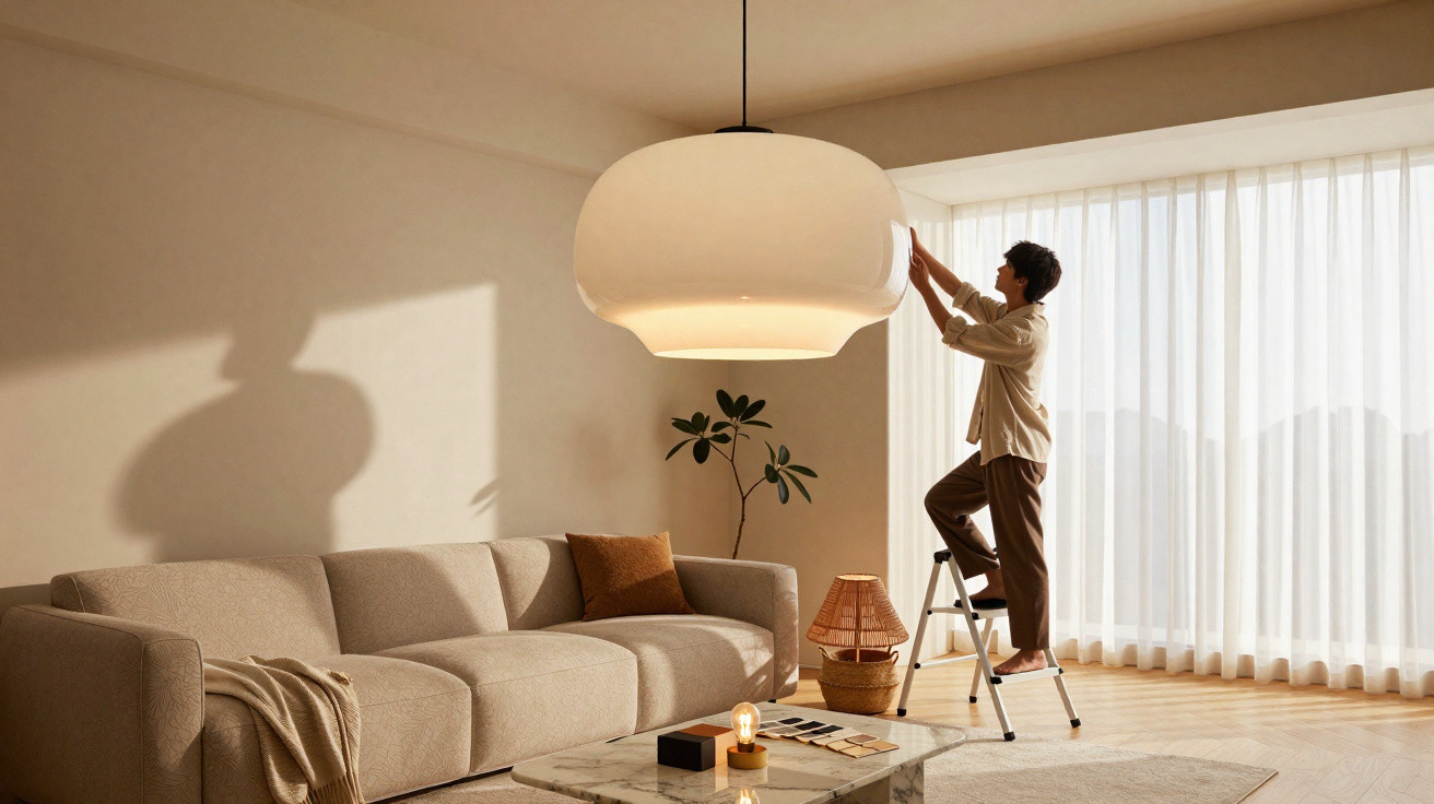 Pessoa ajusta candeeiro suspenso numa sala de estar minimalista com sofá bege e luz natural.