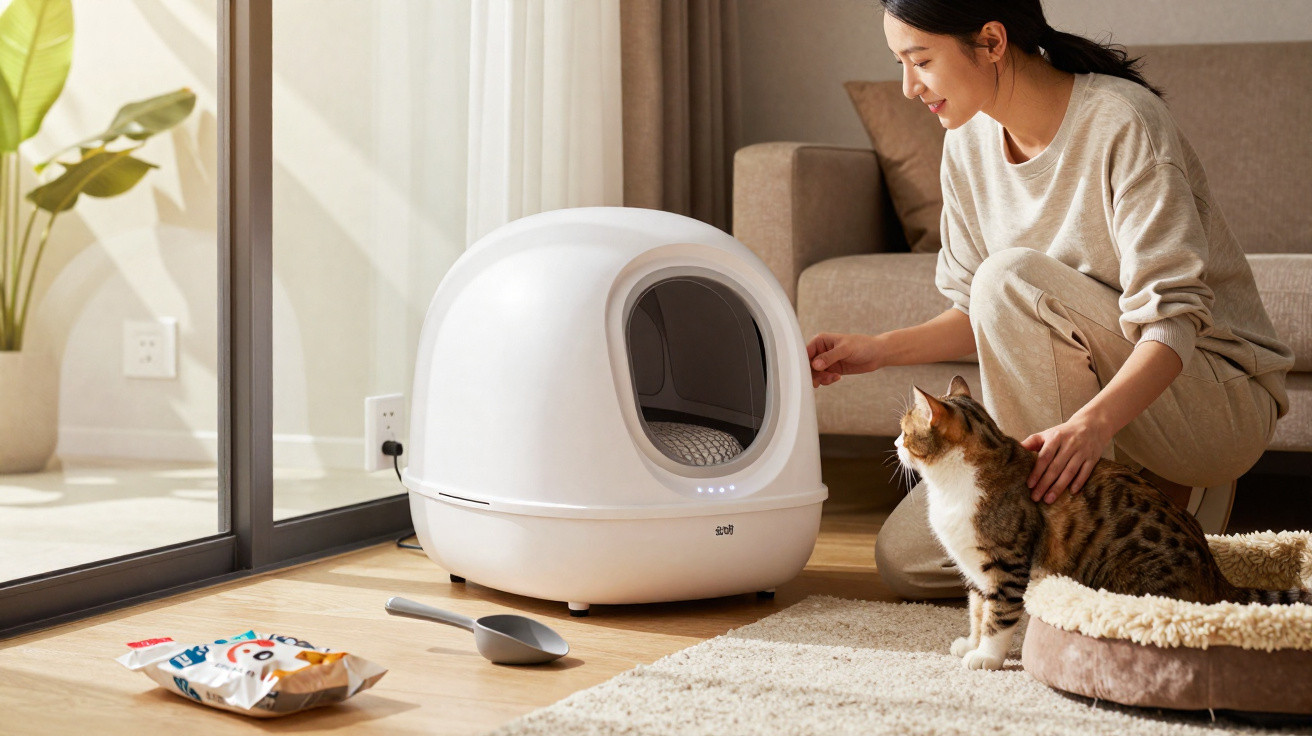 Mulher a interagir com gato junto a uma casa de banho automática para gatos numa sala iluminada.