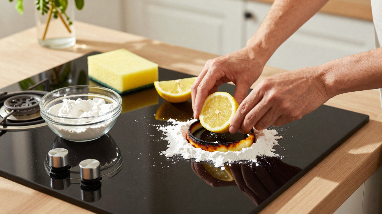 Mãos a limpar placa de fogão queimada com limão e farinha de bicarbonato numa cozinha.
