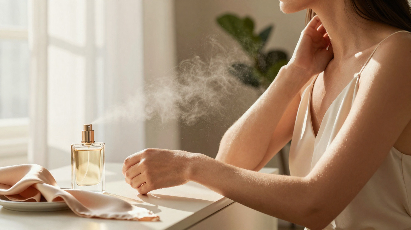 Pessoa a aplicar perfume num ambiente iluminado e relaxante, com névoa a sair do frasco.