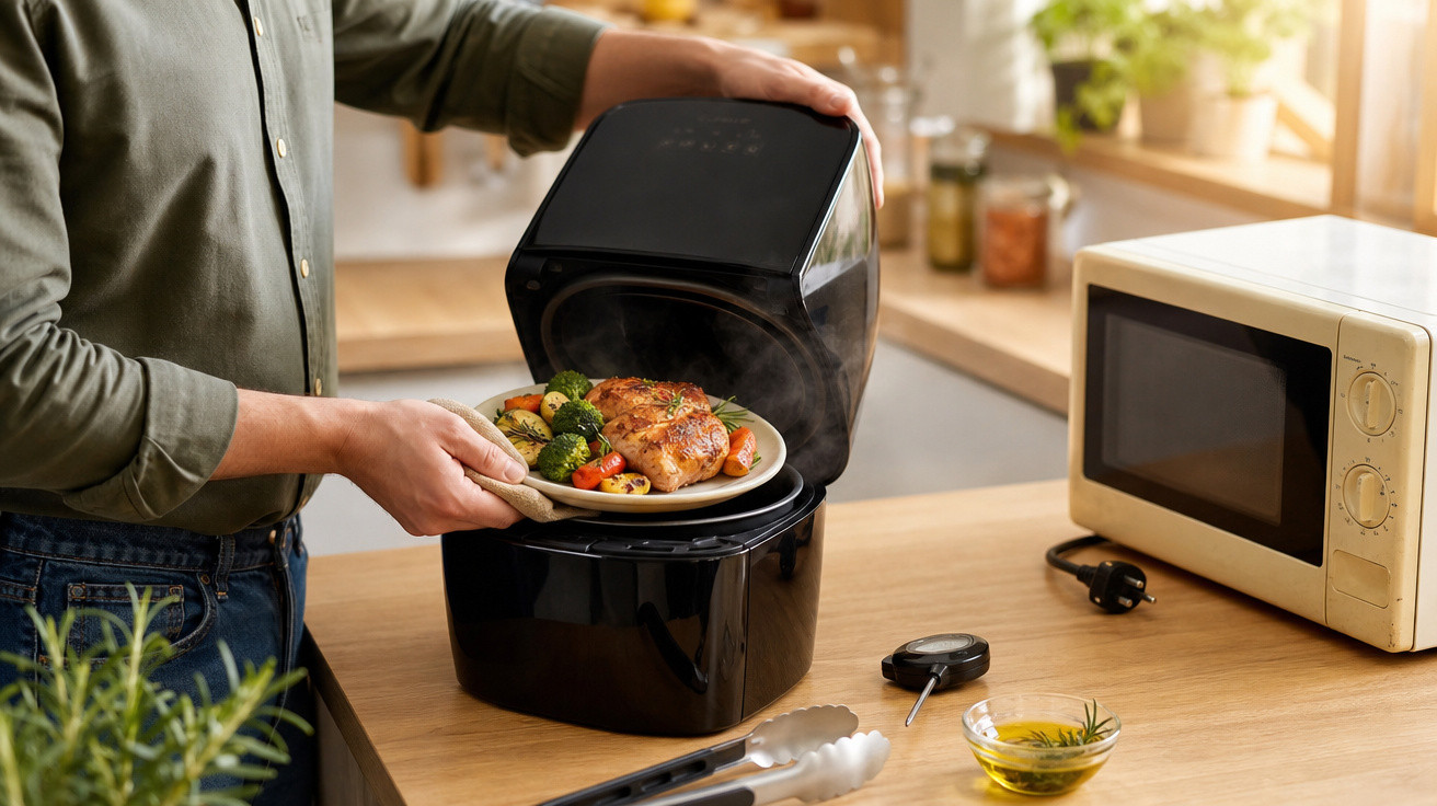 Pessoa a retirar prato com frango e legumes cozinhados numa multicooker preta na cozinha.