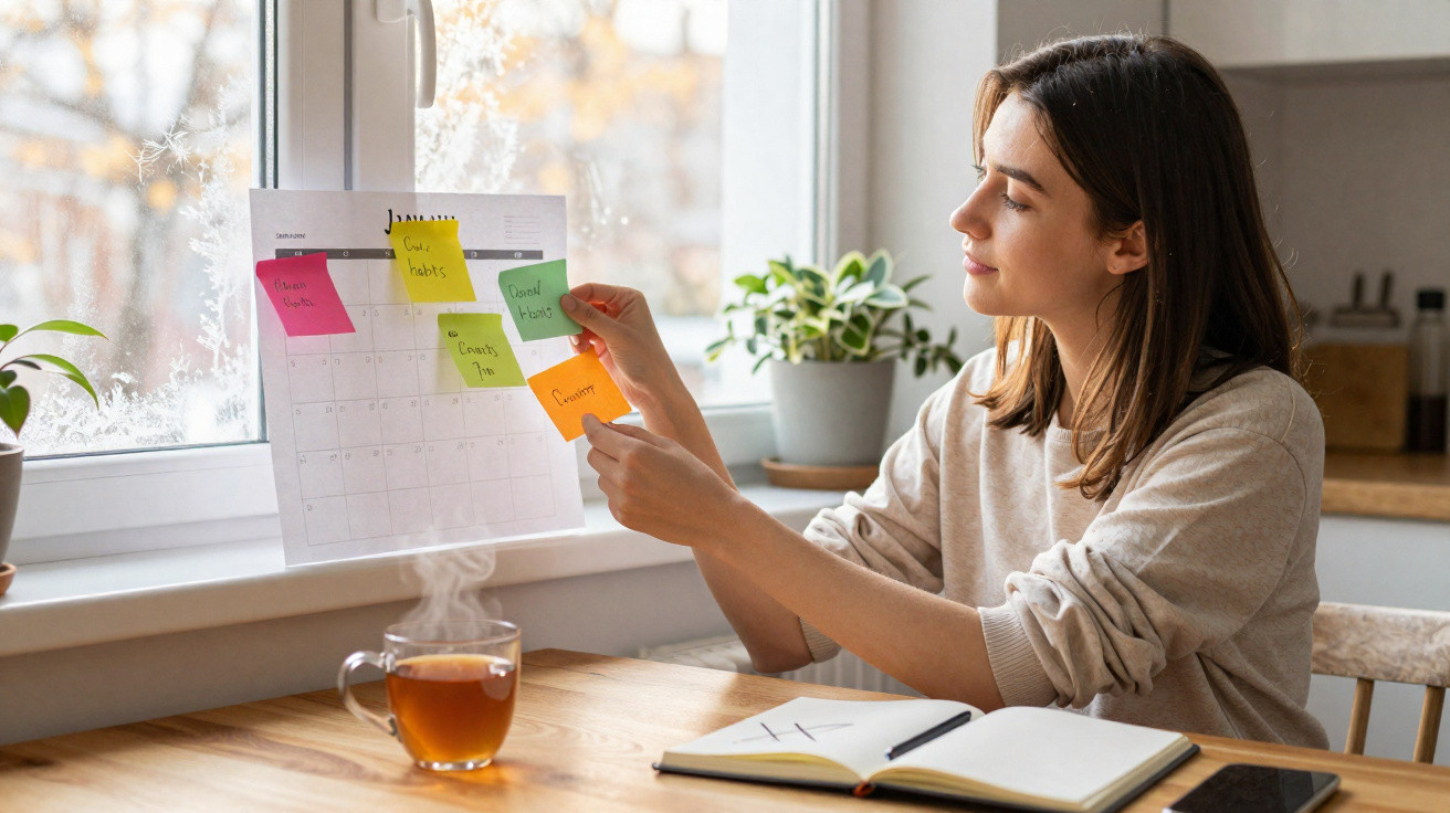Jovem mulher organiza post-its coloridos num calendário junto à janela com chá fumegante e caderno aberto.