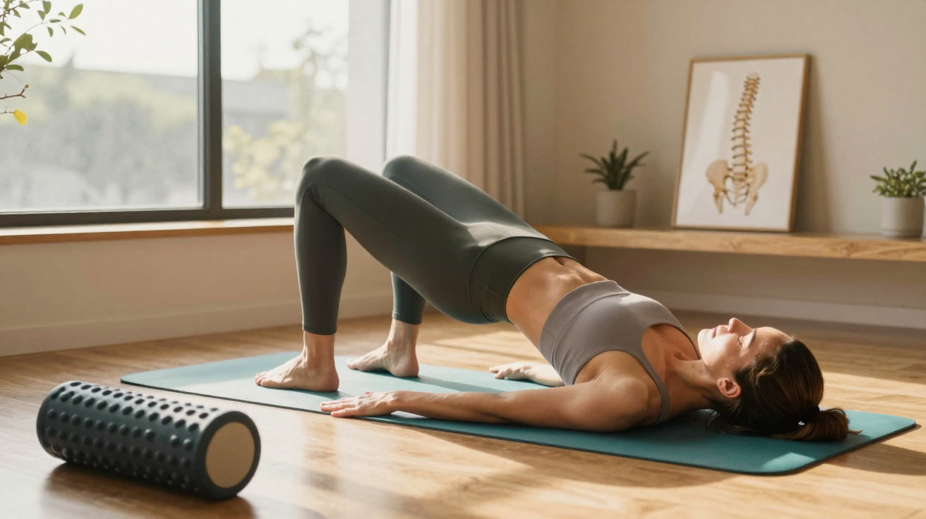 Mulher a fazer exercício de elevação da anca numa sala com tapete de yoga e rolo de massagem.