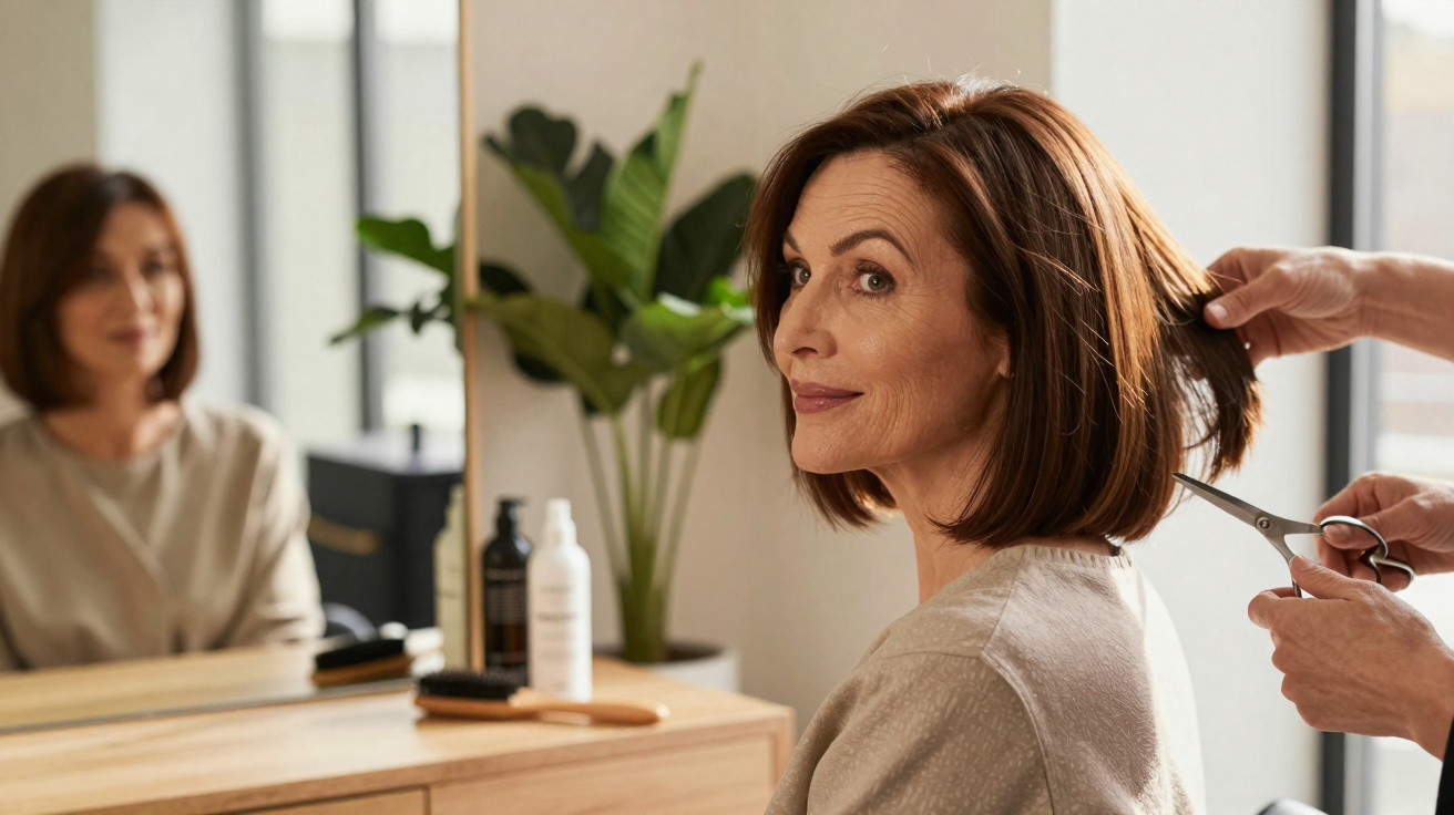 Mulher sorridente a cortar o cabelo num salão, refletida no espelho com plantas e produtos ao fundo.