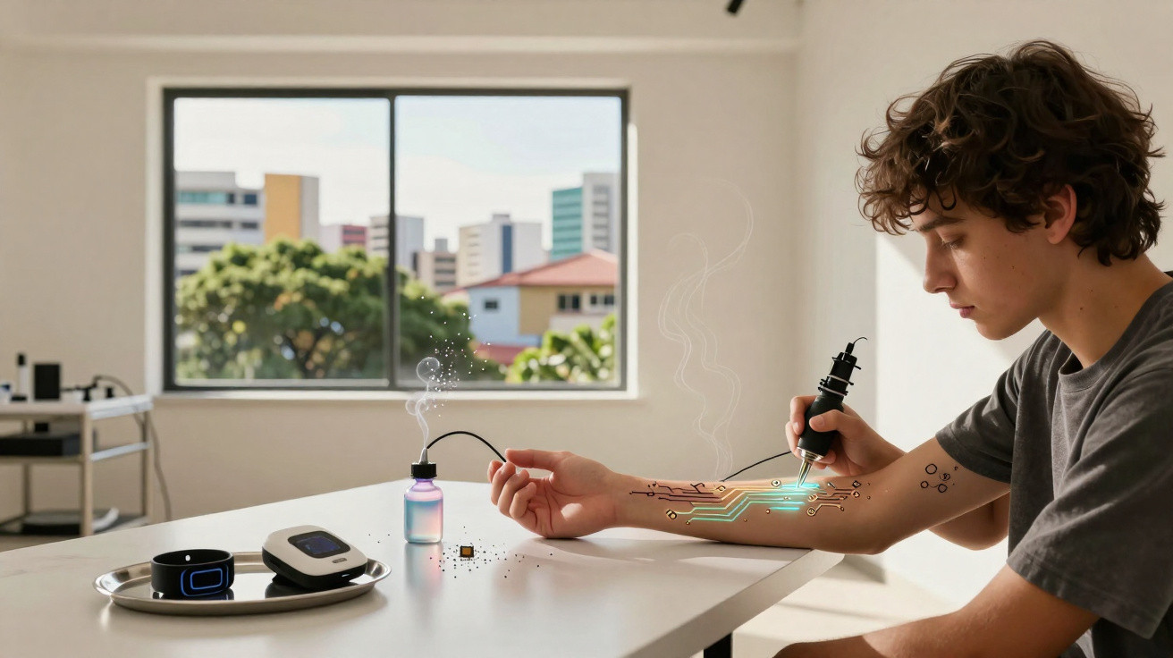 Jovem sentado num quarto moderno aplica tatuagem tecnológica luminosa no braço numa mesa branca.
