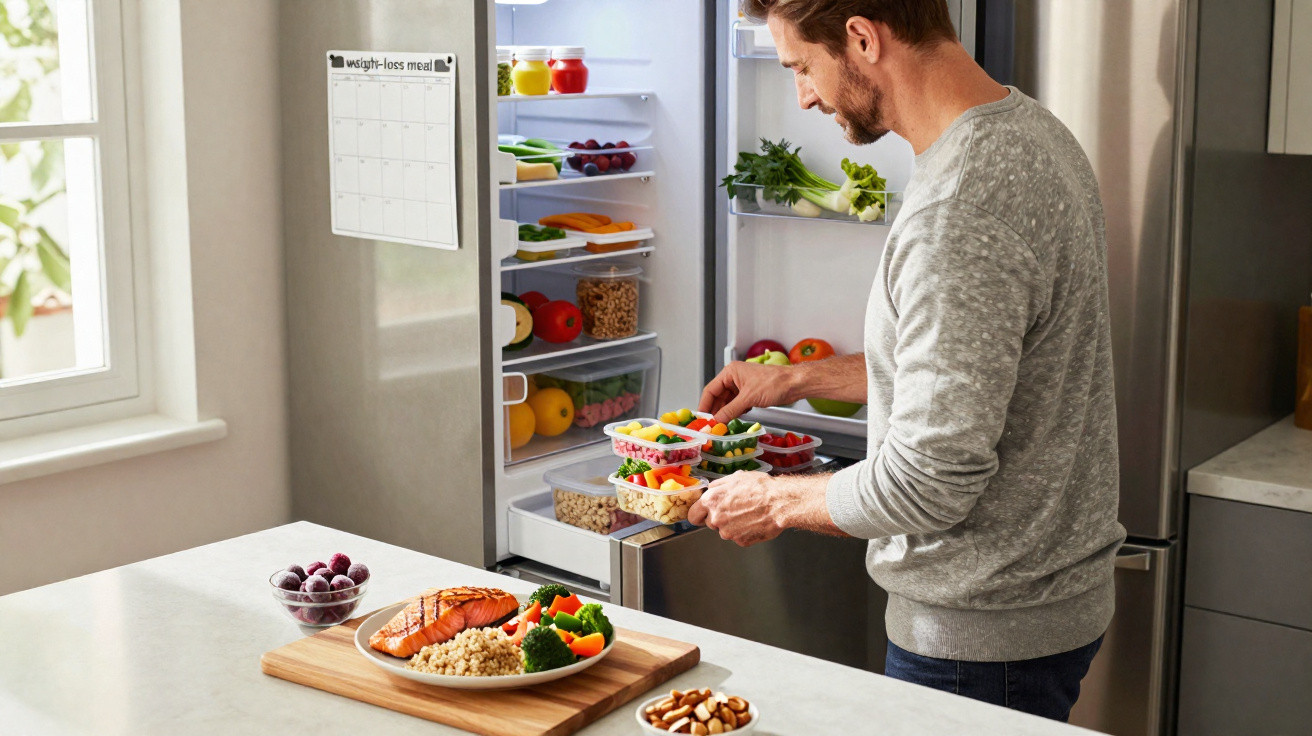 Homem a preparar refeições saudáveis para a semana com legumes, peixe e frutos numa cozinha moderna.