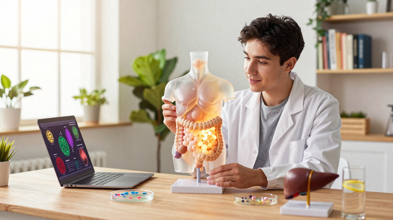 Homem jovem em bata branca analisando modelo anatómico do sistema digestivo numa mesa com laptop e órgãos em exposição.