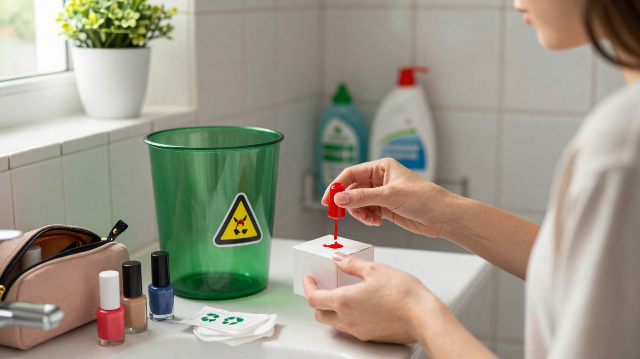 Pessoa a pintar uma unha com esmalte vermelho ao lado de um caixote do lixo verde com símbolo de material radioativo.