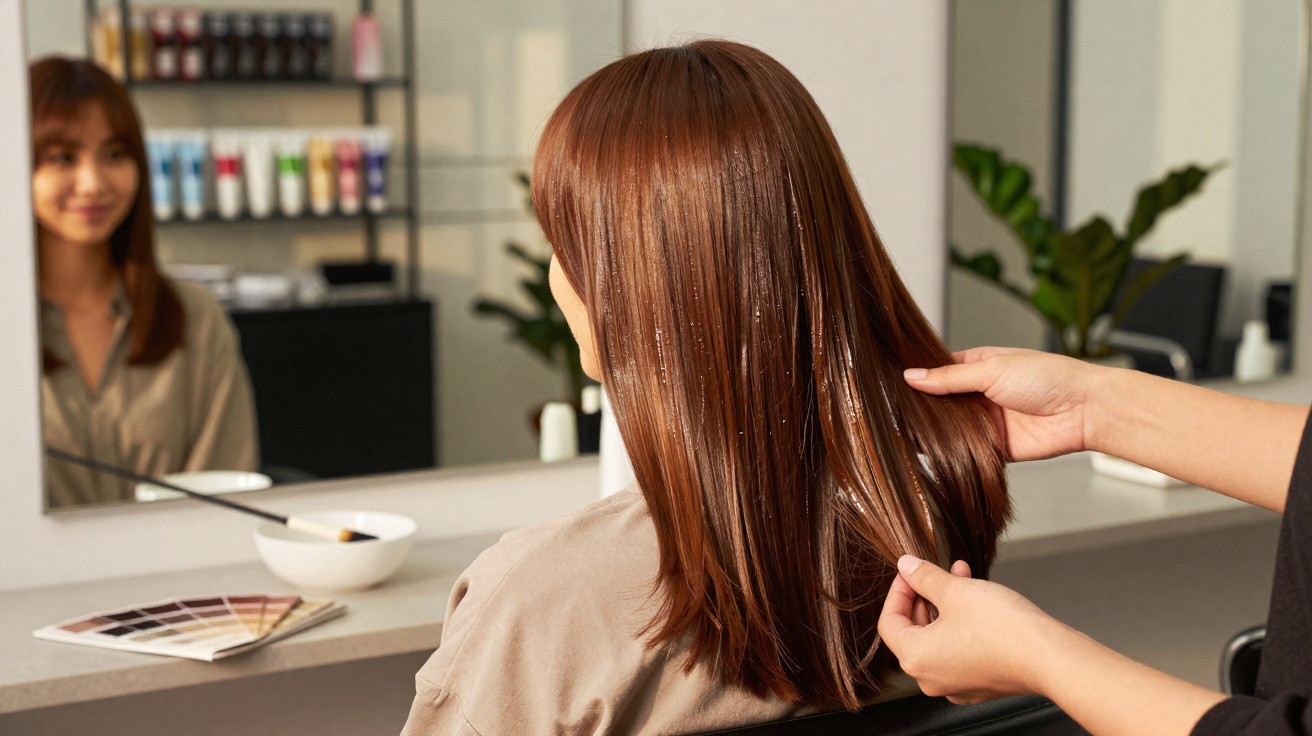 Mulher com cabelo castanho médio recebe tratamento capilar num salão de beleza.
