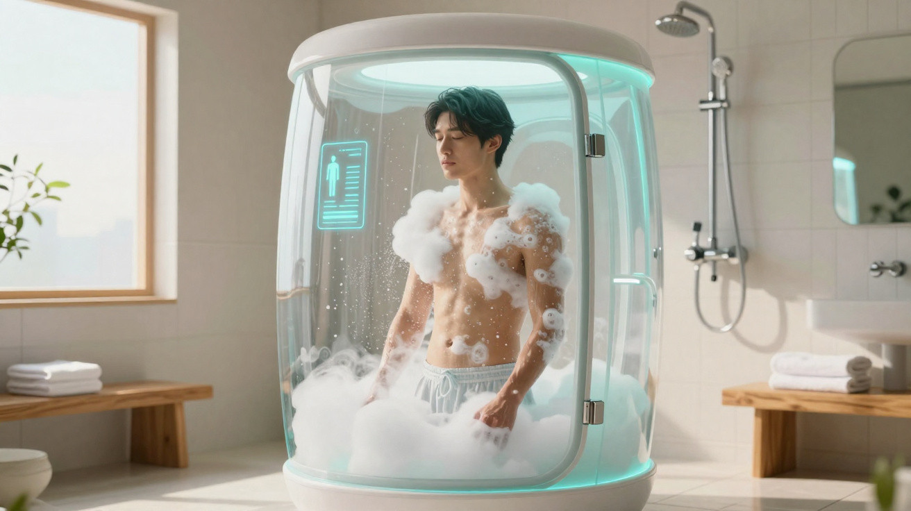 Homem de pé numa cabine de duche futurista com espuma, num ambiente de casa-de-banho moderna e iluminada.