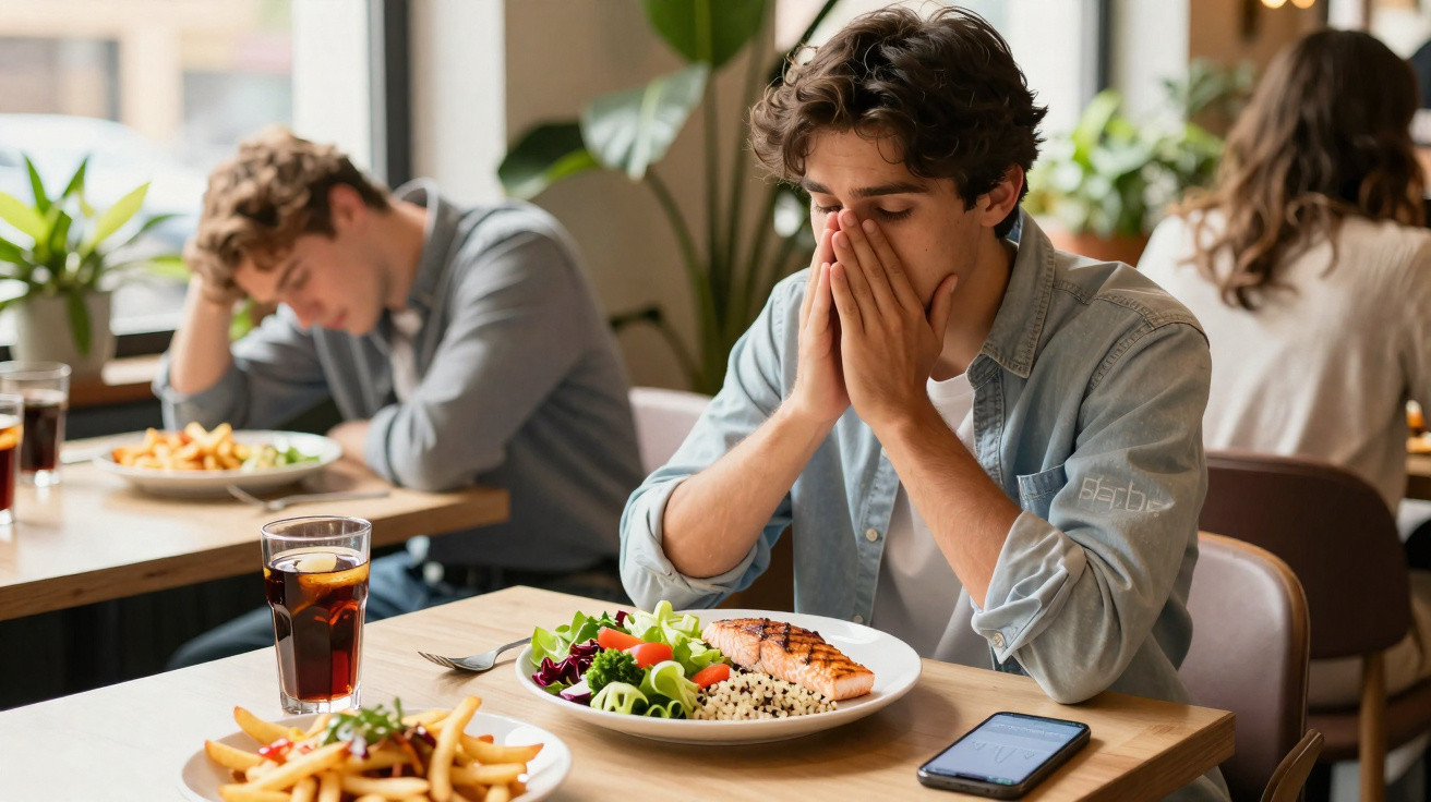 Jovem sentado num restaurante com expressão de desgosto perante prato saudável, outro ao fundo também cabisbaixo.