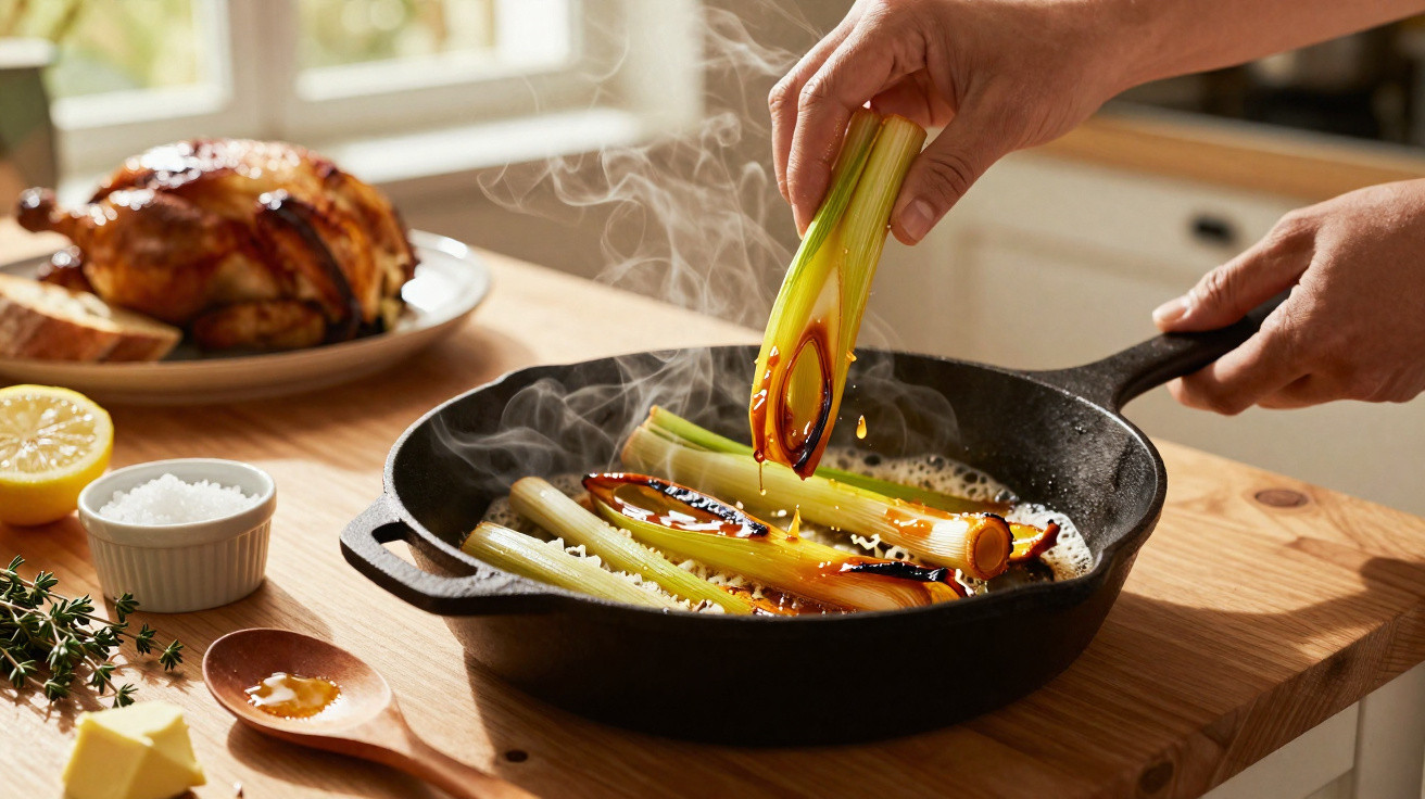Mãos a condimentar e cozinhar alhos-franceses numa frigideira de ferro fundido numa cozinha rústica.