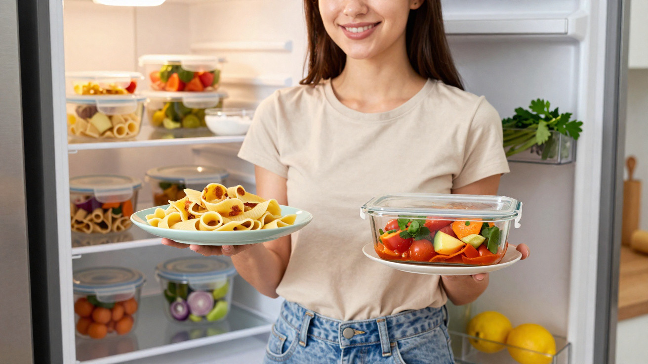Mulher feliz a segurar comida saudável à frente de frigorífico aberto com recipientes de legumes e massa.