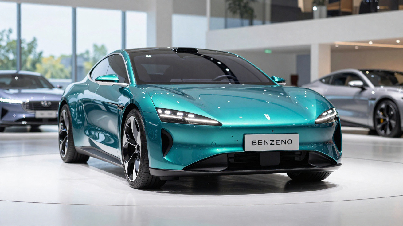 Carro elétrico desportivo azul-turquesa modelo Benzeno exposto em salão moderno com outros veículos.