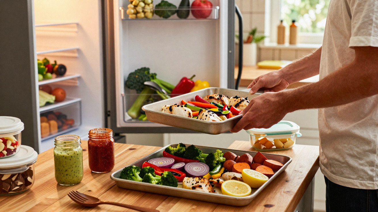 Pessoa a colocar tabuleiros com legumes e frango num frigorífico aberto numa cozinha.