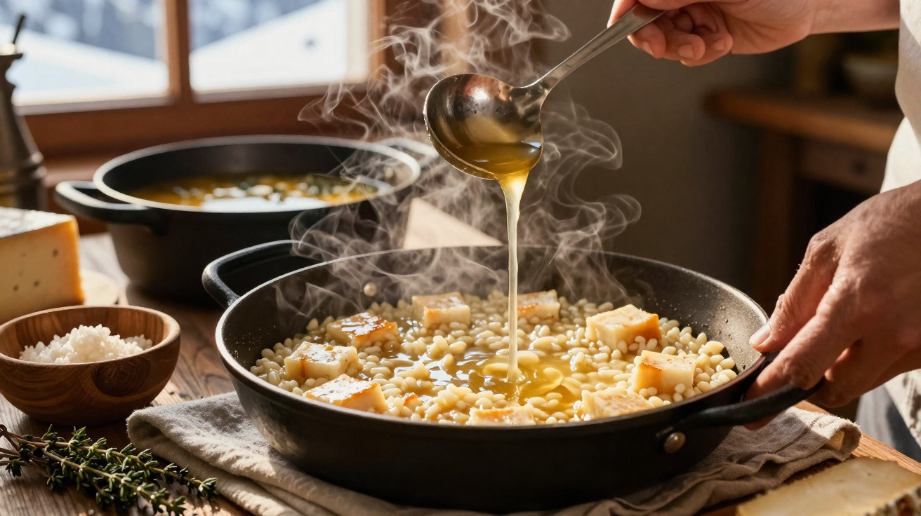 Mãos a verter caldo quente numa frigideira com massa e cubos de queijo num ambiente de cozinha acolhedor.
