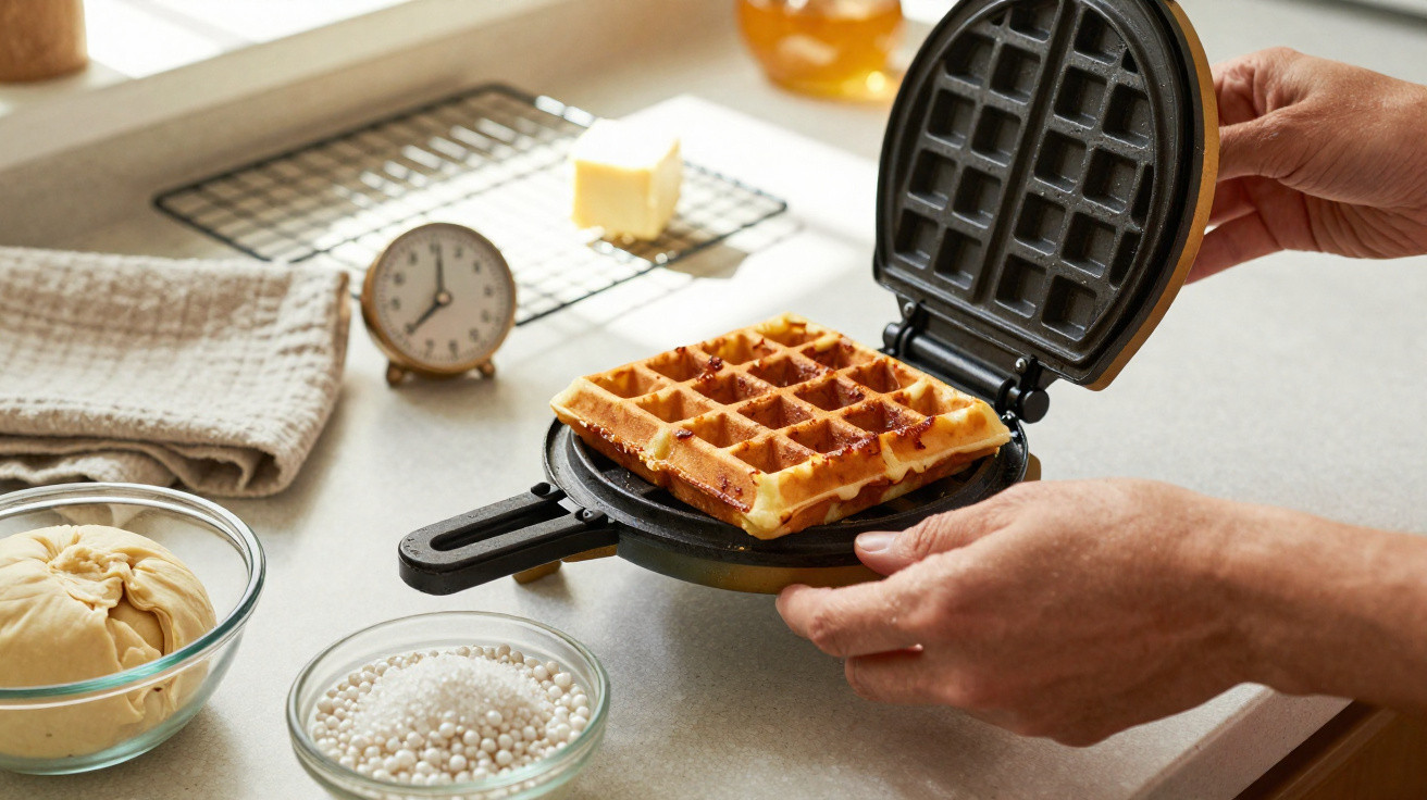 Mãos retiram waffle quente de ferro de waffle numa cozinha com ingredientes e temporizador ao fundo.