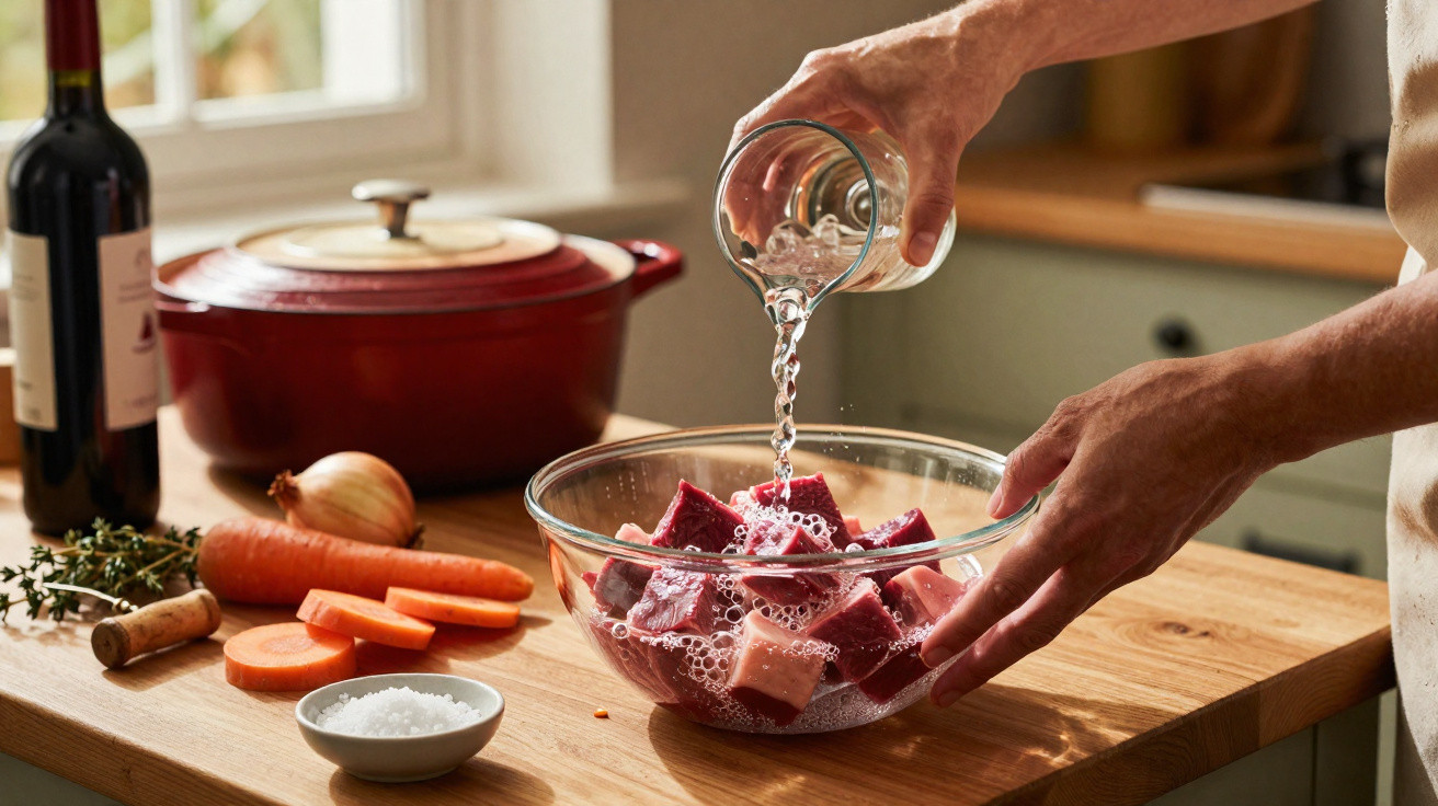 Pessoa a verter líquido em pedaços de carne numa taça, com legumes e vinho numa bancada de cozinha.