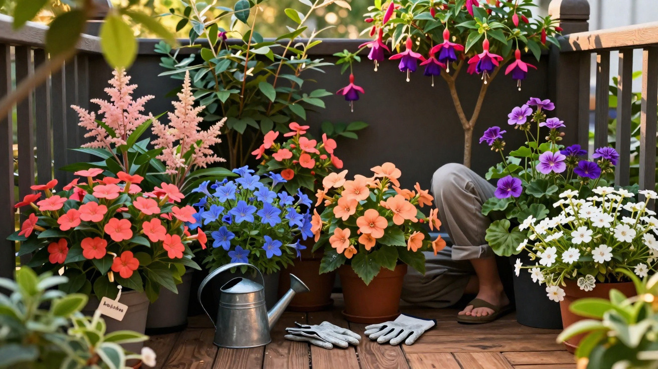 Varanda com várias flores coloridas, regador, luvas e pessoa a cuidar das plantas.