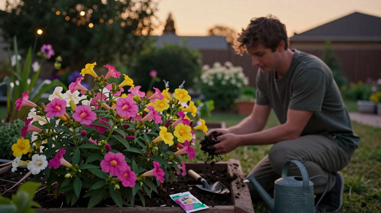 Homem a plantar flores coloridas num jardim ao entardecer, com regador e ferramentas perto.